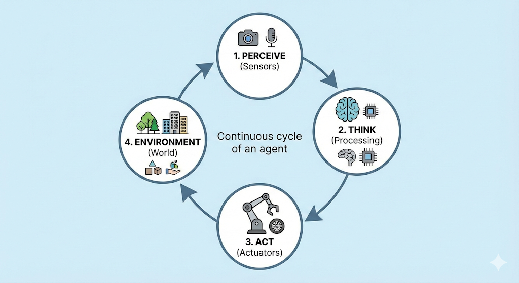 A diagram of the perception-action loop, showing a circular flow from perceive, to think, to act, and back to perceive.