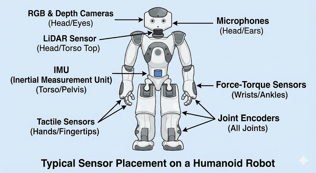 Typical sensor placement on a humanoid robot.