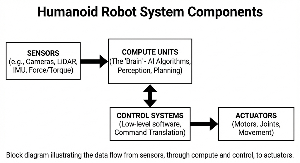 A block diagram of a humanoid robot system, showing inputs from sensors, processing by compute units, and outputs to actuators, all managed by control systems.